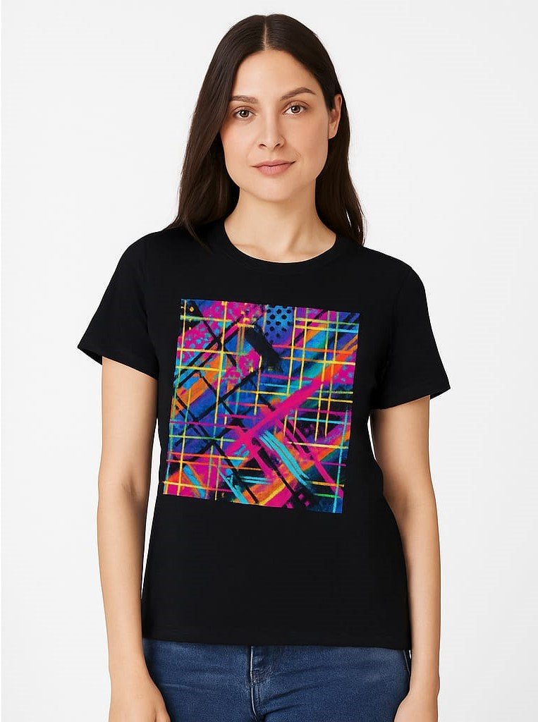 Colorful Geometric Streetwear on Black Tee