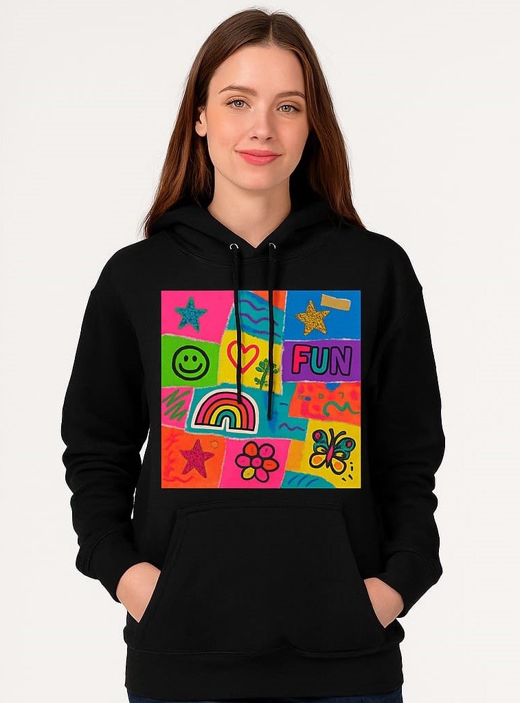 Colorful Whimsical Icons on Black Pullover