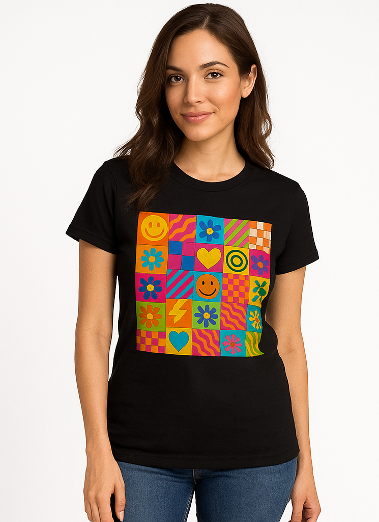 Vibrant 25-Icon Grid Black T-Shirt