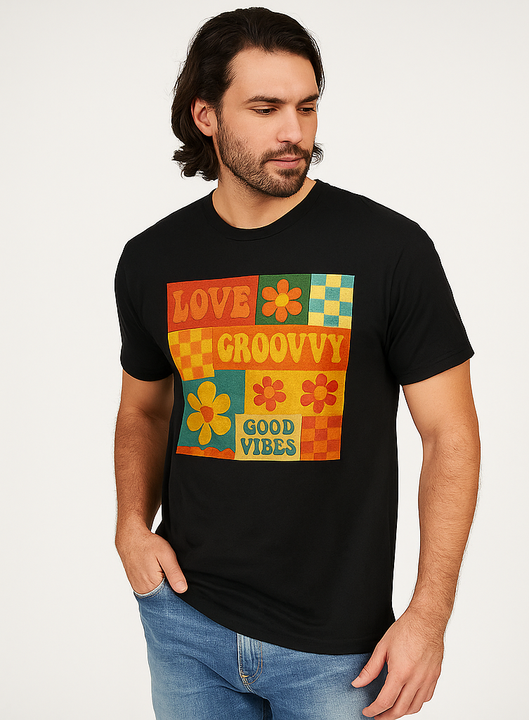 Retro Graphic Tee – “LOVE GROOVY GOOD VIBES”