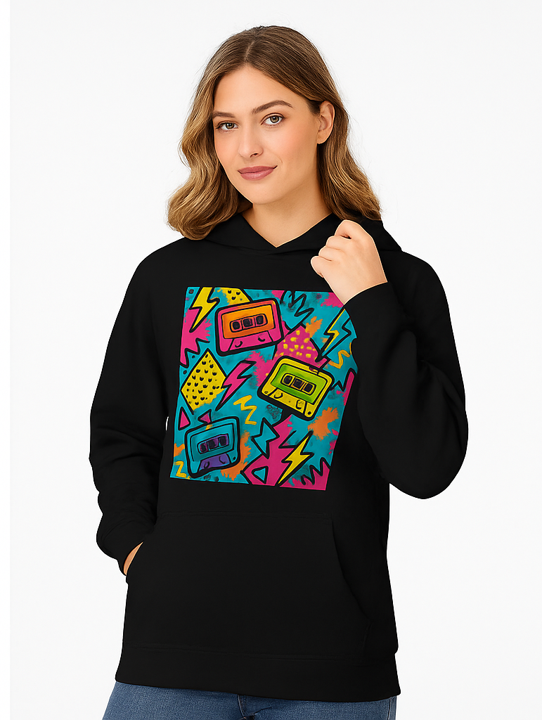 Vibrant Retro Graphic Cassette Tape Hoodie