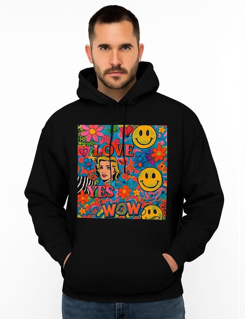 Black Hoodie Vibrant Graphic with Smiley Faces
